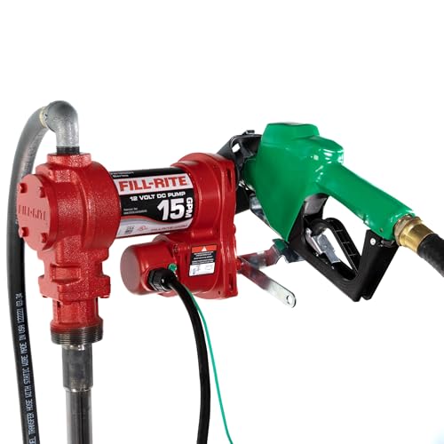 Fill-Rite FR1210HA1 12V 15 GPM Fuel Transfer Pump with Discharge Hose & Automatic Nozzle, Green - Gasoline, Diesel, Kerosene, Ethanol & Methanol Blends & Biodiesel