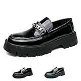 Men's Patent Leather Platform Slip-on Loafers,Fashion Round Toe Metal Decoration Non-Slip Thick Sole Business Dress Shoes Causal Party Wedding Prom Shoes (Black,11)