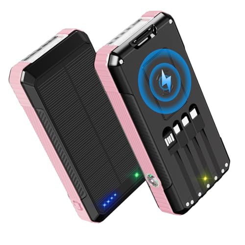 Solar Power Bank 49800mAh, Portable Charger with Built-in 4 Cables, 22.5W Fast Charging Solar Panel...