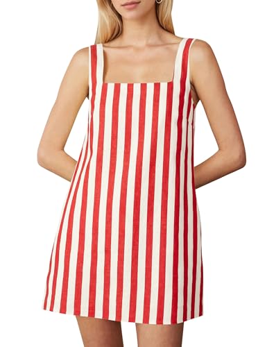 Image of Summer Linen Mini Dress for Women Sleeveless Square Neck Tank Shift Dresses Causal Backless Solid Short Sundress