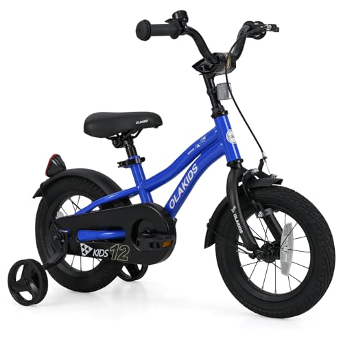 Olakids Kids Bike, 12 14 16 18 Inch Toddlers Bike with Training Wheels Safety Bell Adjustable Seat and Handlebar, Handbrake and Coaster Brake, Children's Bicycle for Boys Girls (12 Inch, Blue)