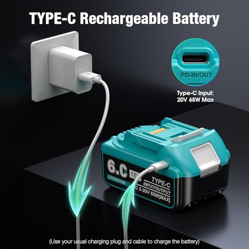 usb-c charging 18v 60ah replace for makita 18v battery compatible with makita 18 volt lithium battery bl1850 bl1840 bl1830 bl1860 with type-c inputoutput port 2pack