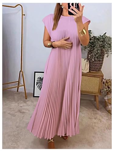 Image of GORGLITTER Women's Pleated Flowy Chiffon Church Dresses Elegant Summer Short Sleeve Wedding Guest Maxi Dress Outfits