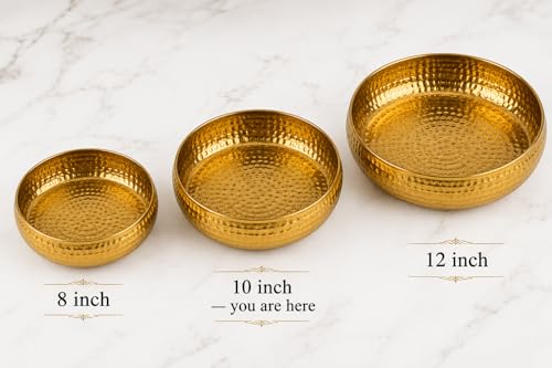 Image of Hammered Iron Metal Urli Bowl with Golden Finish - 10 Inch Medium | Floating Flowers, Tea Light Candles, Centre Table, Festive & Diwali Decoration Gift