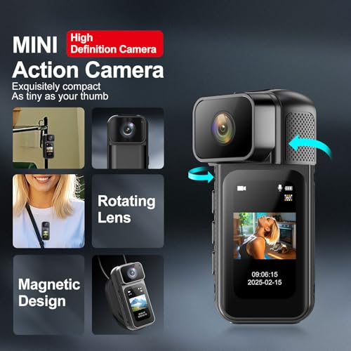 Elprico 2.7K Mini,32GB Wearable Action Body Cam with 180° Rotating Lens,170° Wide Angle,Audio and Video Recording,Portable Compact Camera for Security, Work,Guard,Travel (Black)