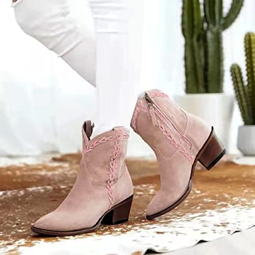 Dsisskai Cowboy Boots for Women Vintage Stacked Mid Heel Pointed Toe Leather Western Cowgirl Boots Wide Calf Side Zipper Ankle Booties Fall Winter3