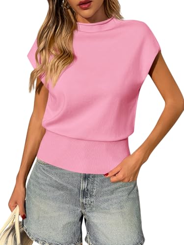 Image of Saodimallsu Womens Cap Sleeve Summer Sweaters Tops Casual Lightweight Sweater Vest Mock Neck Knit Tank Top
