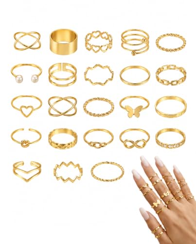 JIRVEX Lot de 22 bague femme – Bague acier inoxydable femme réglable, bagues empilables, bagues de phalange, bagues dorées pour le quotidien et les soirées