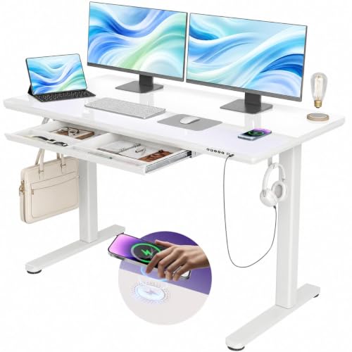 Image of YDN Wireless Charging Glass Standing Desk with Drawer 55 Inches Super White | Tempered Glass Top, 3 Memory Presets, Ergonomic, Adjustable Height, 132 lbs Capacity, Sit Stand