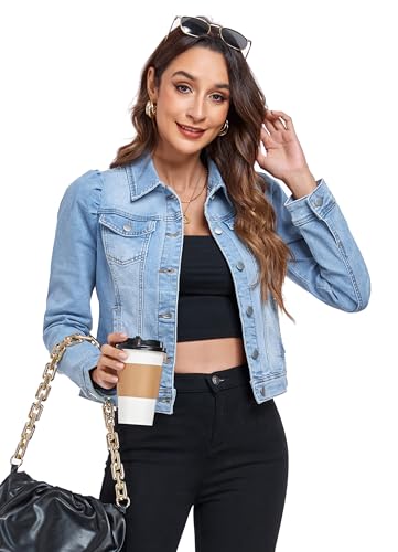 Anienaya Women's Jean Jacket Cropped Denim Jackets Stretchy Puff Long Sleeve Ripped with Pockets4