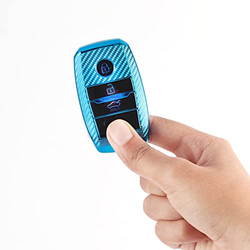 Image of JVCV Soft TPU Carbon Fiber Style Car Key Cover Compatible with Kia Seltos Sonet Carens 3 Button Push Start Car Key (Blue)