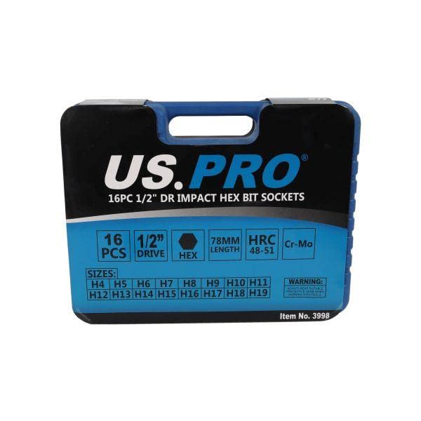US PRO Narzędzia 16 szt. 1/2" DR Impact Hex Bit Sockets H4 - H19 3998