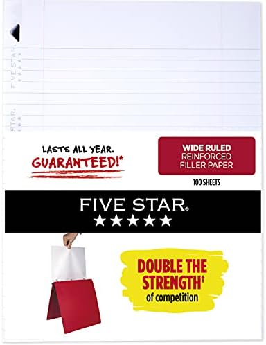 Five Star Loose Leaf Paper, 3 Hole Punched, Reinforced Filler Paper, Wide Ruled, 10-1/2 x 8 inches, 100 Sheets/Pack, 1 Pack (15000)