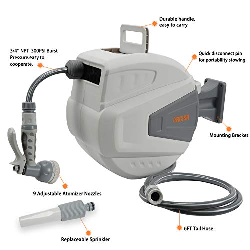 ORCISH Hose Reel,3/8 66 FT Wall Mounted Retractable Garden Hose-Reel with 9 Adjustable Sprayer Nozzle Any Length Lock/Automatic Rewind/Slow Return System/Wall Mounted/180°Swivel Bracket