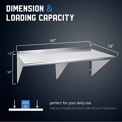 Image of Profeeshaw NSF Stainless Steel Shelf 18 inch x 60 inch, Commercial Wall Shelving