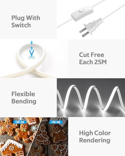 Samsion 120V COB LED Rope Lights 16.4FT Outdoor LED Strip Lights Waterproof Daylight White 6000K Super Bright Flexible LED Tape Lights with Switch Plug in 288Leds/M for Indoor Exquisite Wall Decor 5M