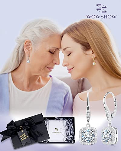 Wowshow Moissanite Earrings, Leverback Earrings For Women 925 Sterling Silver 3Ct Moissanite Diamond Dangle Drop Earrings Cushion Halo White Gold Plated For Girls Birthday Wedding Mothers Day Gifts #TOP2