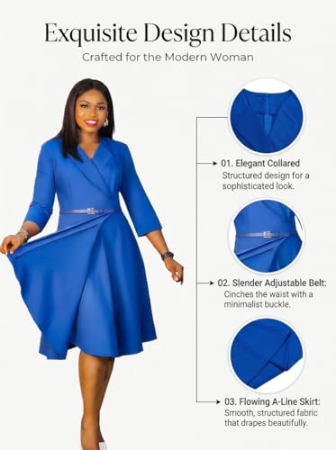 Image of Elainone Women 3 /4 Sleeve Casual Swing Flared A Line Dress Wedding Guest Semi Formal Office Work Dresses with Belt