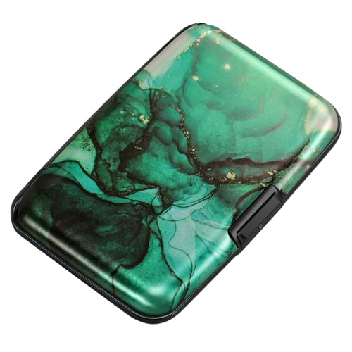 Image of ELFISH Mini RFID Aluminum Wallet Credit Cards Holder Business Card Case Metal ID Case for Men Women, Greenblack Marble, 4.33 x 2.95 x 0.75 inches, Compact