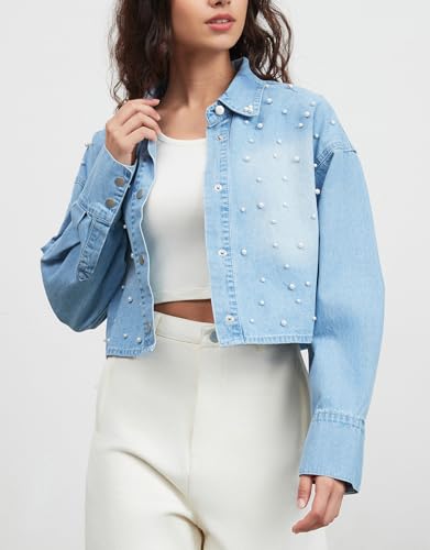 Ladyful Oversized Jean Jacket for Women Pearl Cropped Lightweight Button Down Long Sleeve Denim Jacket Coat2
