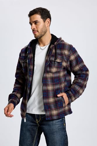 Image of TanBridge Men's Cotton Plaid Shirts Jacket Full Zip Fleece Flannel Sherpa Lined Hoodies Heavyweight Hoodies Jacket for Men