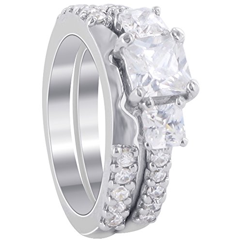 Gem Avenue Cubic Zirconia with CZ Sterling Silver Wedding Ring Size 8 Engagement Band Set