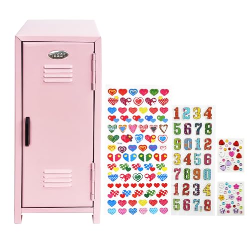 Image of Mini Locker with Lock Key Stickers Box Metal Small Locker Mini Locker Miniature Storage Girls Lockbox Desktop Storage Organizer for Cash Money Jewelry Safe Dollhouse Furniture Accessories (Pink)