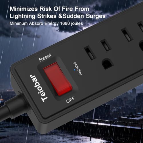 Image of 10Ft Extension Cord Power Strip Surge Protector - Teiobar 6 AC Outlets and 3 USB Ports for Home, Office, Dorm Essentials, 1680 Joules, ETL Listed, Black