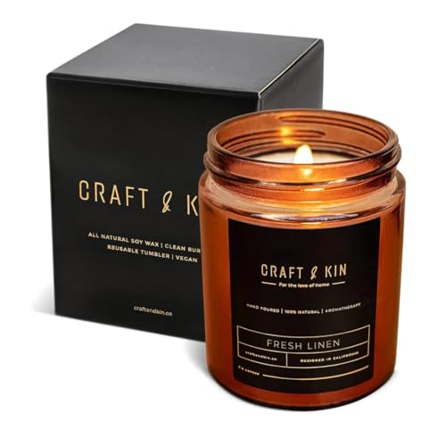 Craft & Kin Scented Candle for Men | Premium Fresh Linen Candle | All-Natural Scent for Home | Long Lasting, 45-Hour Burn Time, 8oz