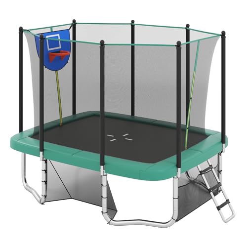 GOPLUS 3 in 1 Trampolin Outdoor, Kindertrampolin rechteckig mit Basketballkorb, Fußballtor, Rutschfester Leiter Sicherheitsnetz, Gartentrampolin für Kinder und Erwachsene, 317 cm x 255 cm x 270 cm