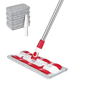 MASTERTOP Flat Floor Mop, Microfiber Dust Mop with 4 Washable Pads, Stainless Steel Adjustable Long Handle, Dry and Wet Mop for Home, Kitchen, Laminate, Tile, Hardwood Floor, 1 Cleaning Scraper