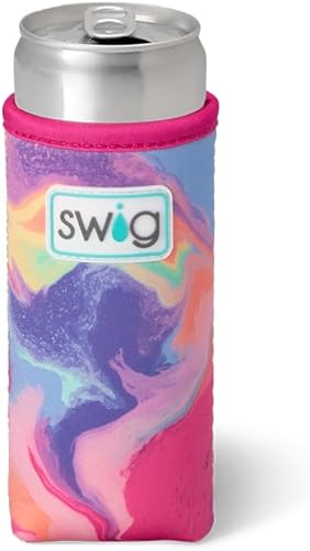 Miniatura 4 de Swig Life Enfriador delgado de latas + botellas, chaqueta aislante de neopreno para latas o botellas de tamaño delgado de 12 onzas seltzer, Oh Happy