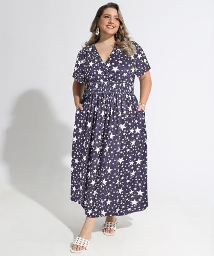 Image of CARCOS Plus Size Dresses for Curvy Women V Neck Summer Maxi Dress Short Sleeve Floral Boho Dress Smocked Waist Beach Dress