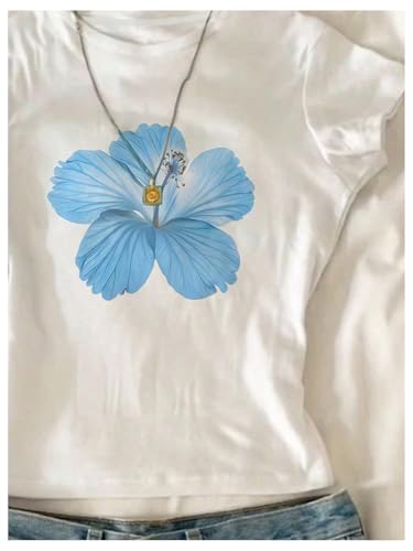 Girl's Floral Hibiscus Graphic Tees Y2K Short Sleeve Crew Neck Casual Summer Tight Shirt3