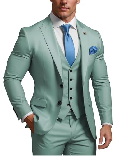 3 Piece Suit Men Big and Tall Slim Fit Mens Suits for Wedding Formal Prom Two Button Peak Blazer Vest Pants Sets