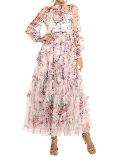 BELLA BARNETT Fairy Floral Dress Beige Mesh Dress for Women Sun Dress Printed Date Night Dress