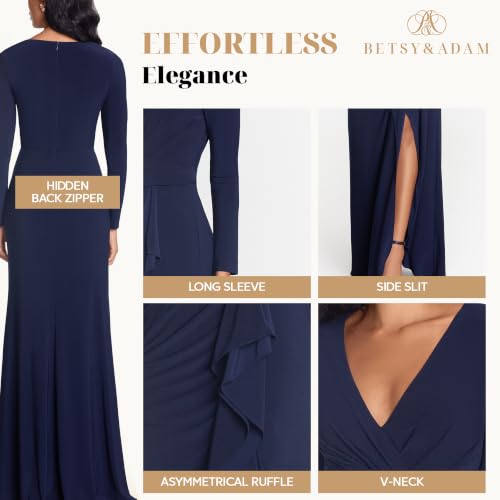 Image of Betsy & Adam Womens Betsy & Adam Women's V-Neck Long Sleeve, Floor-Length Gown with Side Ruffle Detail and Slit