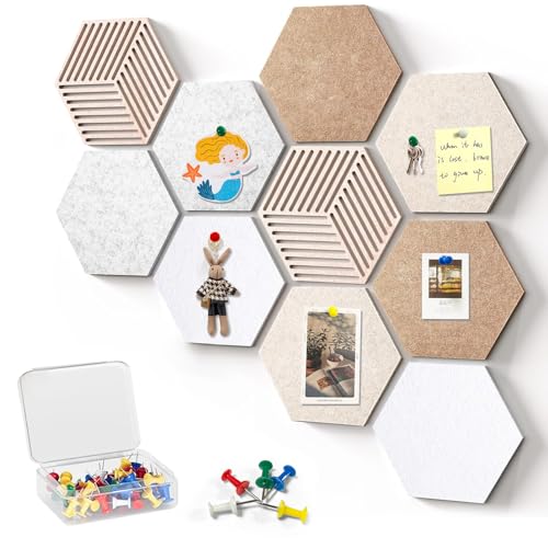 KEAGAN 10 Stück Sechseckige Korkplatten für Wände, Kork Pinnwandfliesen mit 50 Pins, Filz-Pinnwand, Selbstklebende DIY Korkplatten für Büro, Zuhause und Schule Wanddekoration