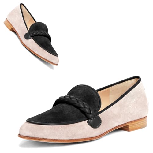 Image of MOOMMO Women Comfortable Suede Loafer Flats Round Closed Toe Slip On Penny Loafers Knitted Strap Oxford Loafer Shoes for Office Ladies Work Daily Casual Club Driver Flats Spring Elegant 4-11 M US