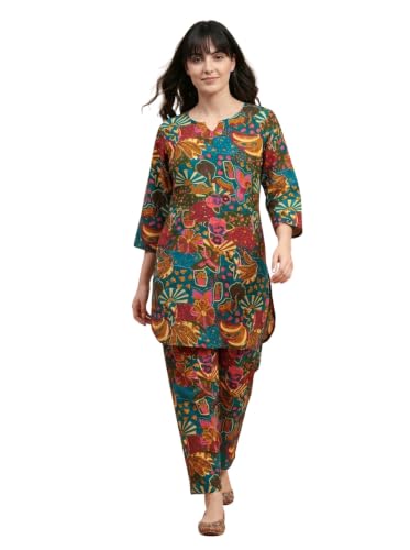 Image of Bee M Pee Designer Trendy Floral Printed Poly Rayon Cotton Kurta Coord Sets for Women | Stylish Casual Kurti Tunic Cord Set with Pant for Woman for Office