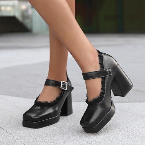 Gicoiz Women Square Toe Stylish Mary Jane Chunky Heel Pumps3