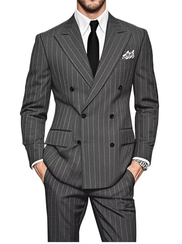 HUUTOE Gomez Adams Costume Mens Tuxedo Suit Set Pin Striped Business Suits for Men Grey Dress Suit Large