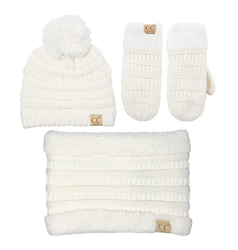 Image of Funky Junque Kids Matching Neck Warmer Scarf Soft Fuzzy Cuff Gloves Mittens Ribbed Knit Pom Pom Beanie Bundle Boy Girl