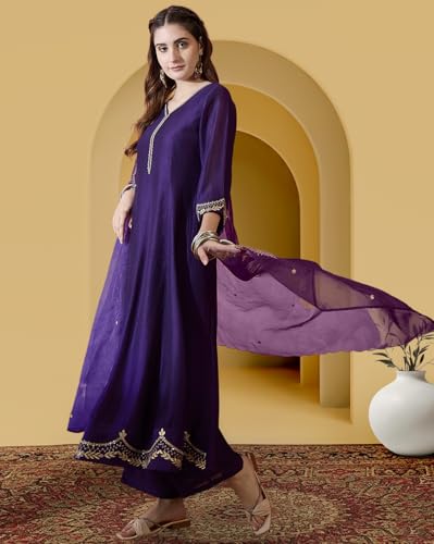 Image of Amazon Brand - Tavasya Women Vichitra Zari Sequence Embroide Kurta with Pant and Dupatta|Kurta Set|Ethnic Wear|Salwar Suit|3 Piece Set