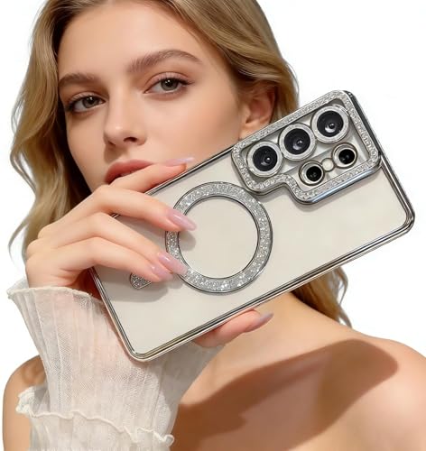 Image of DIZORO Compatible with (Samsung Galaxy S26 Ultra Case) Clear Diamond Glitter Case |Camera Lens Protector with Glitter Ring | Premium Shockproof Glossy Shiny Back Cover Case for Girls Women -Silver