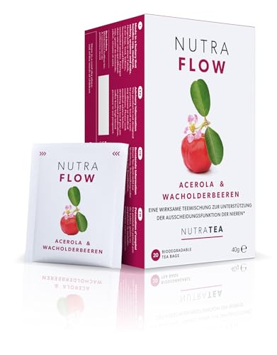 Nutra Tea NUTRAFLOW, Nieren und Blasentee zur Unterstützung bei Blasenentzündung, trägt zur Ausscheidungsfunktion der Nieren bei, 20 wiederverwendbare Teebeutel, Kräutertee mit Cranberry & Acerola
