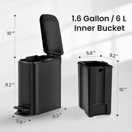 Image of TIPGO Small Bathroom Trash Can with Lid, 1.6 Gal, Soft Close, Matte Black | Stainless Steel, 5.9'' Slim for Narrow Space, Foot Pedal, Soft Quiet Lid, Anti-fingerprint, Removable Inner Bucket, Odor Seal