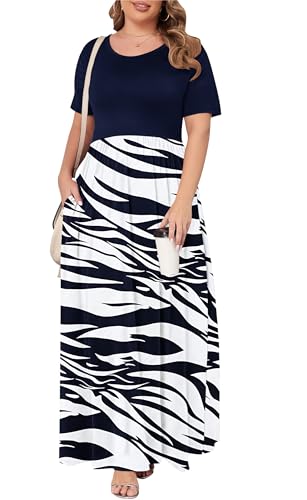 Image of KARALIN Women Plus Size Maxi Dress Short Sleeve Round Neck Loose Fit A-Line | Plus Size Long Dress,Summer Casual Maxi Dresses,Short Sleeve,Side Pockets,Round Neck,Elastic Waist,14 Plus - 26 Plus