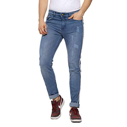 Image of CAHOOT Men' Classic Blue Dark Washed Distressed Patterned Regular Fit Denim Jeans Premium Mid Rise Cotton Stretchable