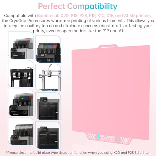 Image of BIQU CryoGrip Pro Glacier Build Plate for Bambu-Lab 3D Printers | X2D P2S P1S P1P X1C X1E A1, Double-Sided Fine Textured Spring Steel Sheet, Firm Adhesion, 257x257mm, Pink